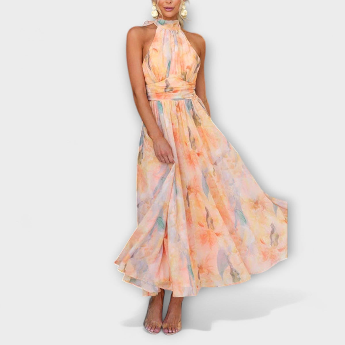 Halter Neck Watercolor Print Open Back Maxi Dress 3