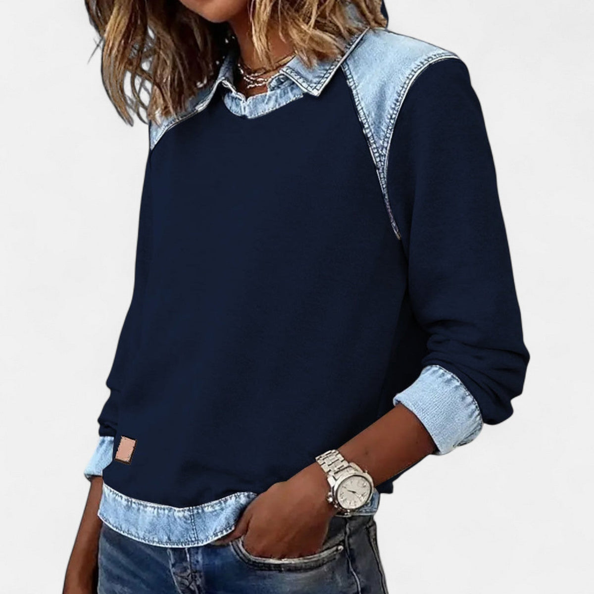 Denim Contrast Crew Neck Long Sleeve Sweatshirt 7