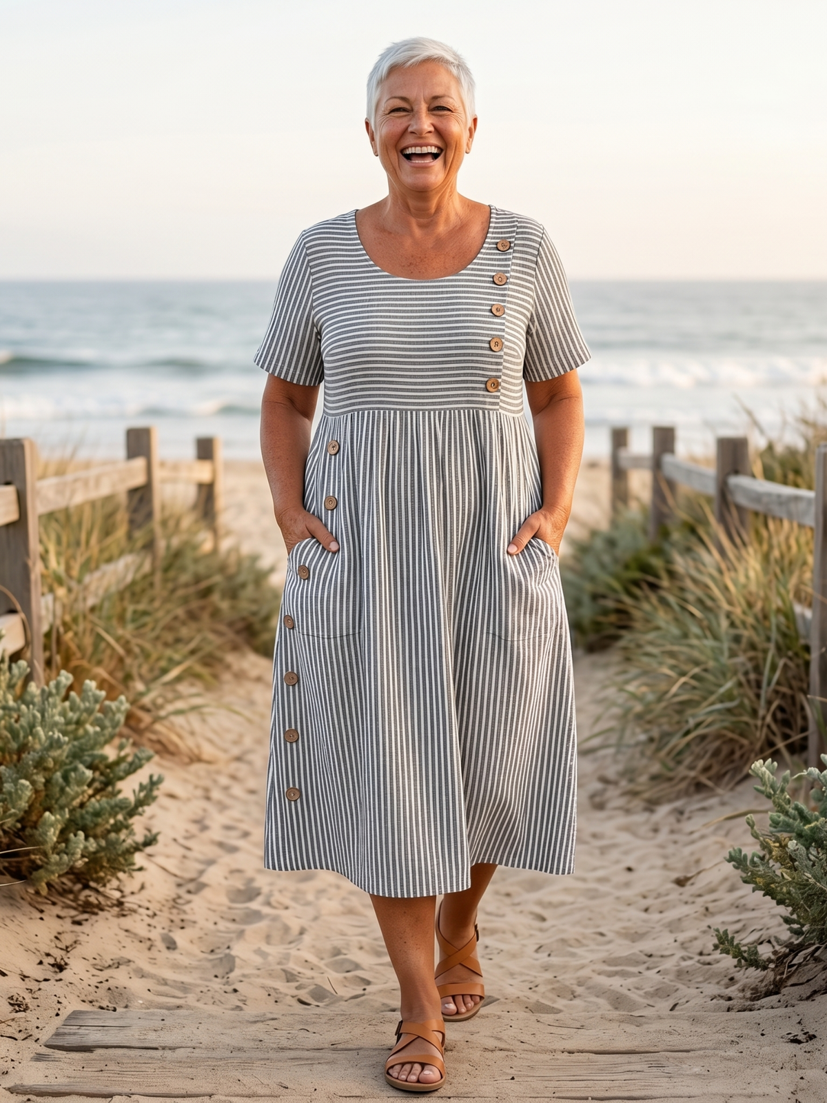Round Neck Short Sleeve Striped Button Front Midi Dress 2