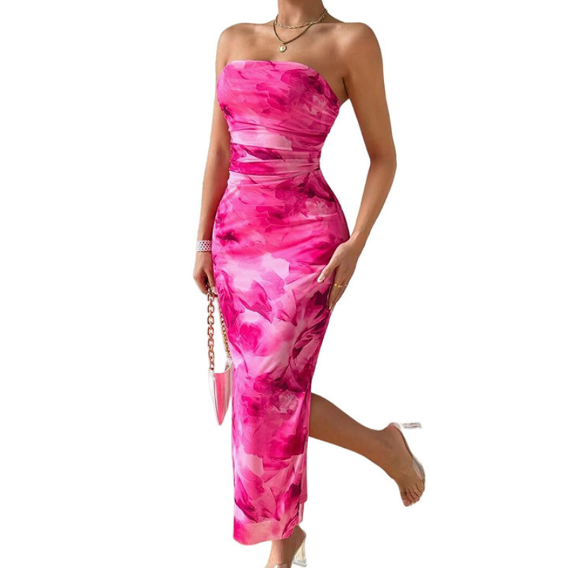 Floral Print Strapless Ruched High Split Bodycon Maxi Dress 3