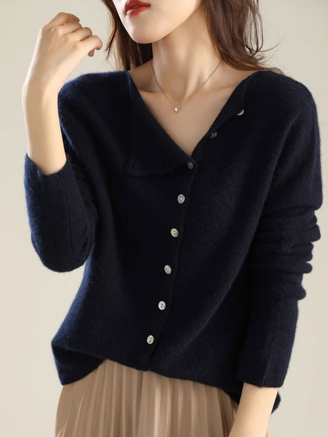 Fold Over Collar Button Front Knit Cardigan 13