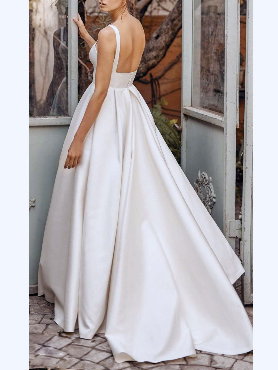 Satin Square Neck Wide Strap Sleeveless Tiered Floor Length Gown - View 3