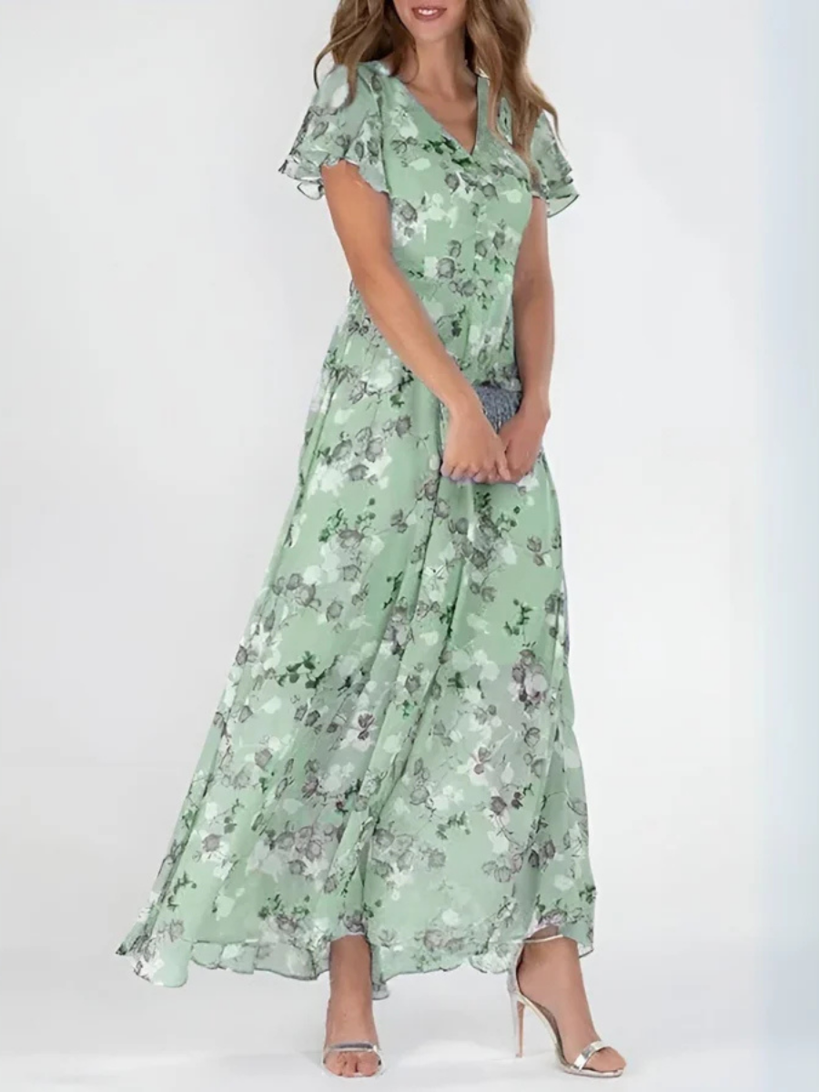 Floral V-Neck Flutter Sleeve Maxi Dress 3