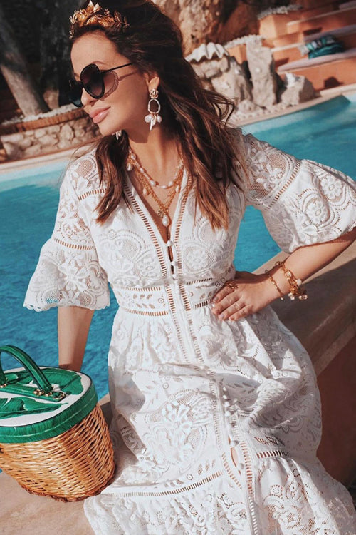 Crochet Lace V-Neck Short Sleeve Button Front Maxi Dress 3