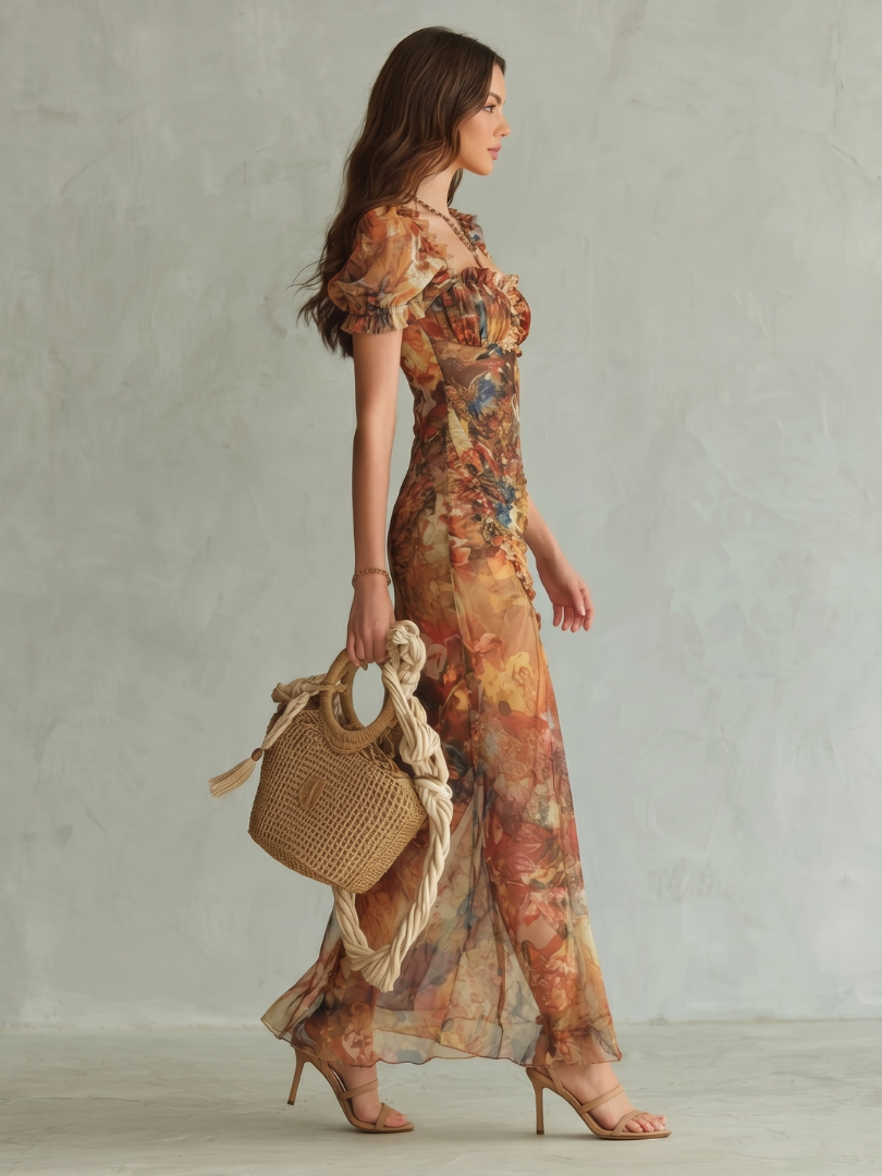 Floral Print Sweetheart Puff Sleeve Ruched High Split Maxi Dress 2