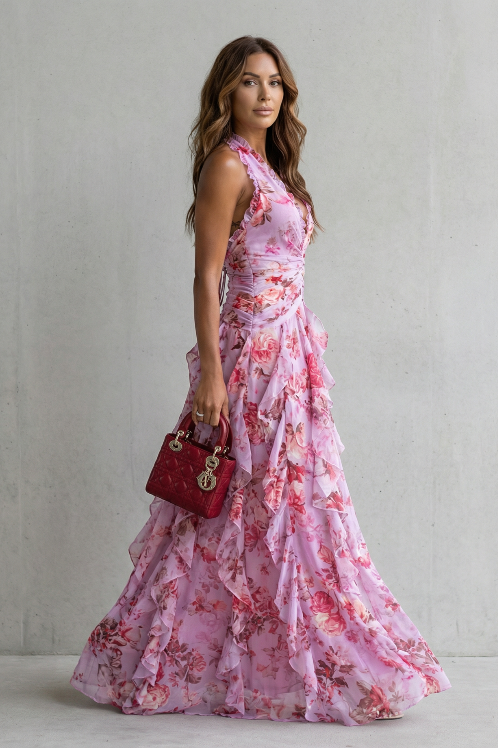 Floral Print Halter Neck Ruffle Tiered Maxi Dress 4