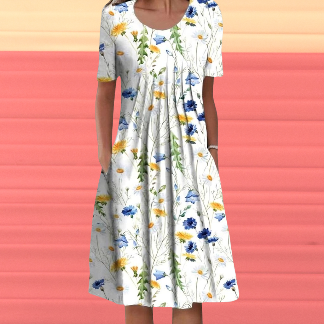 Floral Scoop Neck Short Sleeve Pleated Pocket Midi Dress - View 3