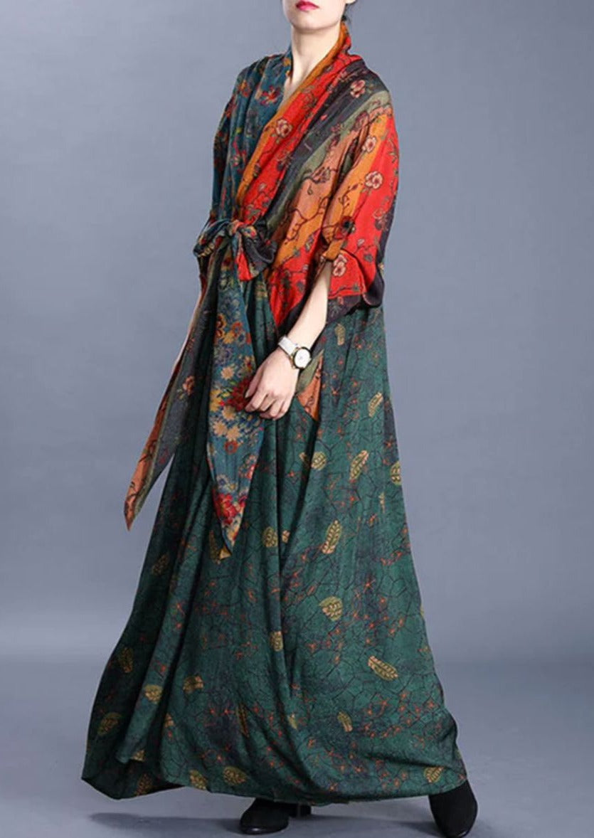Floral Patchwork V-Neck Knotted Front Long Sleeve Maxi Dress - View 4