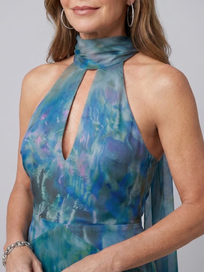 Watercolor Print Halter Neck Keyhole Draped Maxi Gown 3