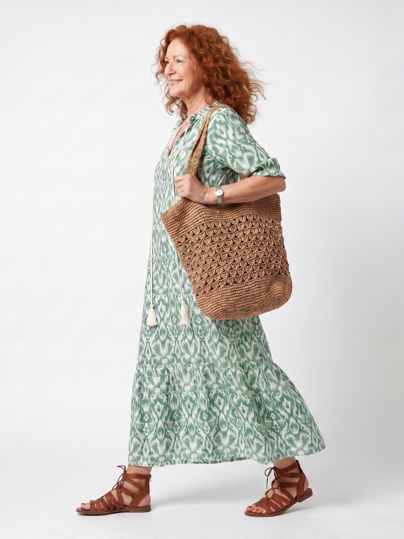 Ikat Print Tie Neck Roll Tab Sleeve Tiered Maxi Dress 2