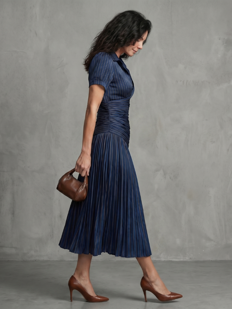 Striped Collared Short Sleeve Ruched Pleated Midi Dress 3