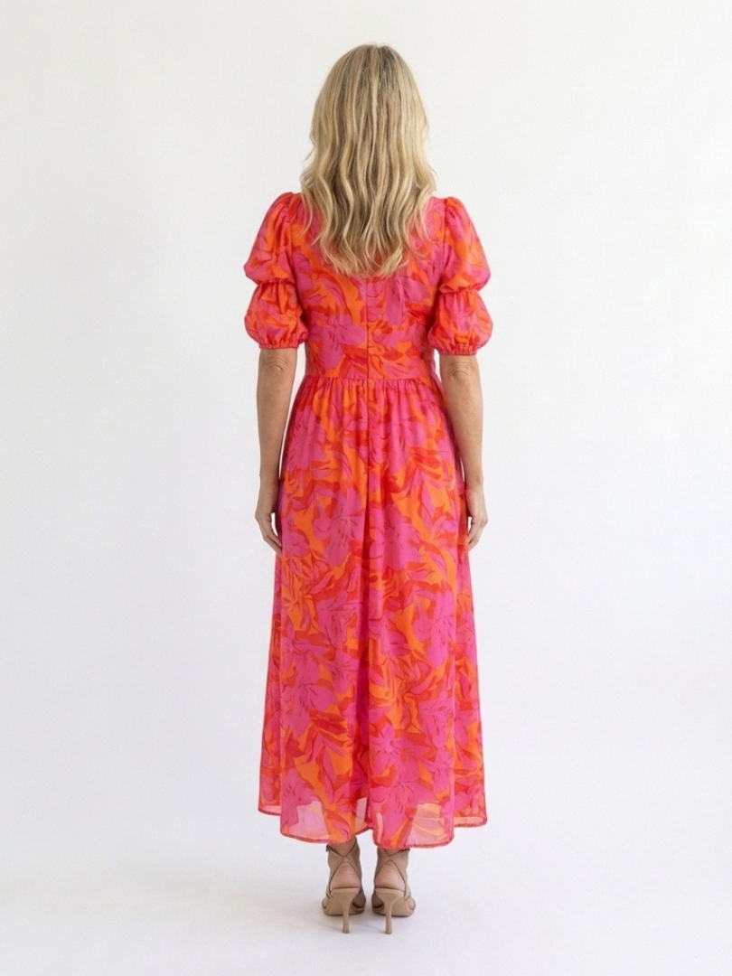 Floral V-Neck Puff Sleeve Button Front Midi Dress 4
