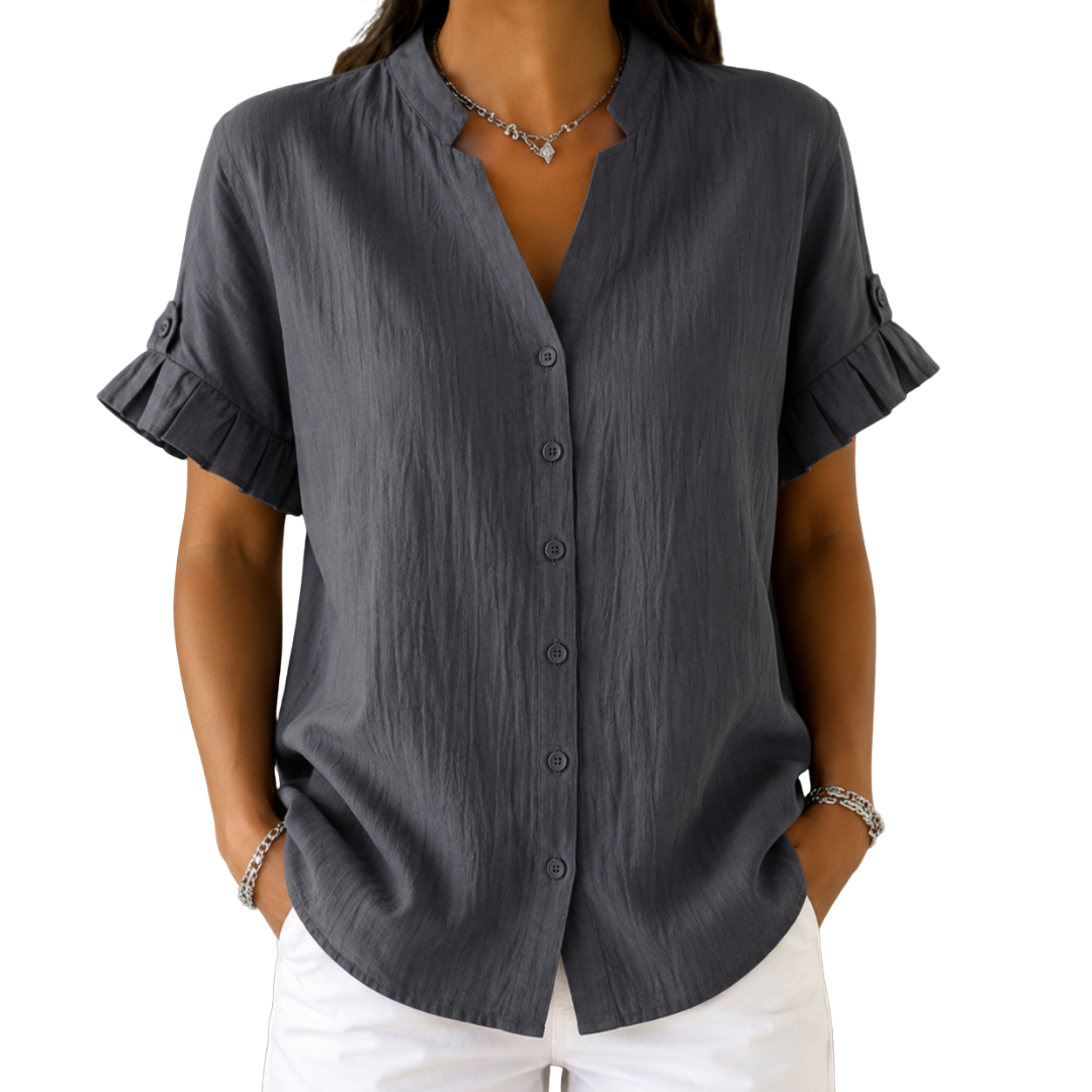 Notch Neck Ruffle Short Sleeve Button Front Blouse 3