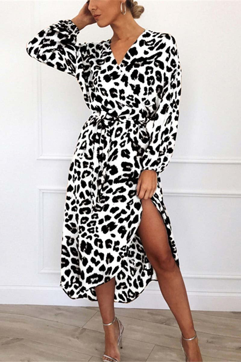 Leopard Print Wrap Deep V-Neck Long Sleeve Tie Waist Midi Dress