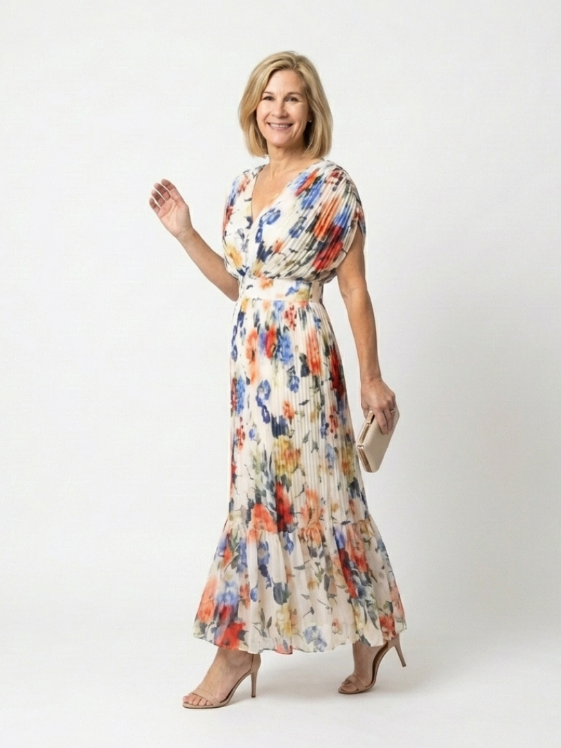 Watercolor Floral V-Neck Pleated Maxi Dress 2