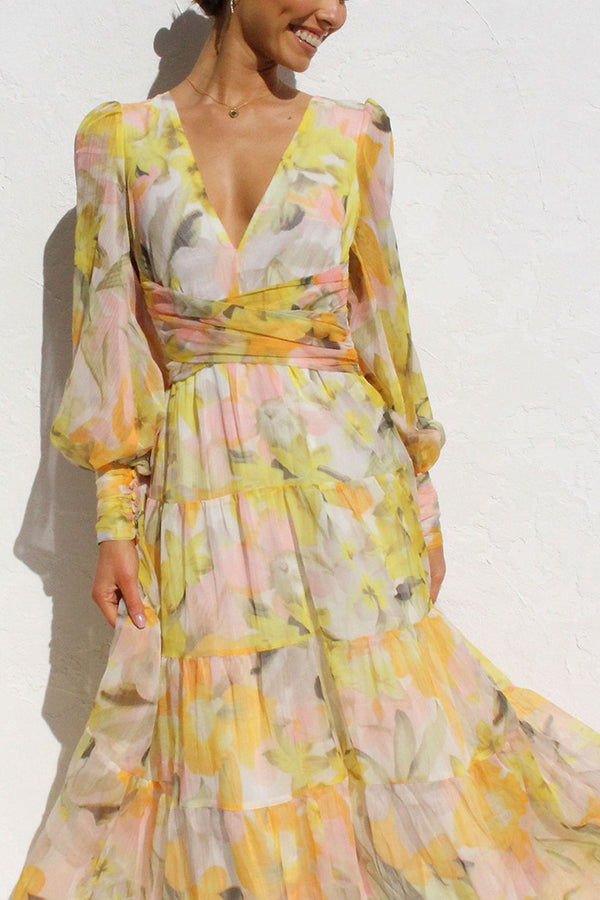 Abstract Floral Print Deep V-Neck Bishop Sleeve Tiered Maxi Dress - View 4