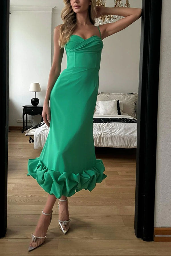 Spaghetti Strap Sweetheart Ruffle Hem Mermaid Midi Dress - View 12