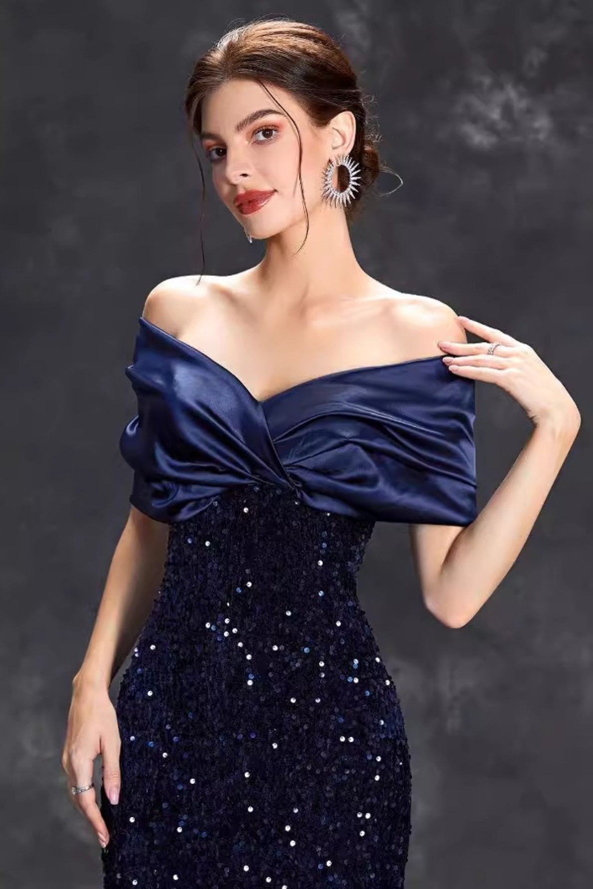 Off Shoulder Satin Wrap Sequin Mermaid Evening Gown 4