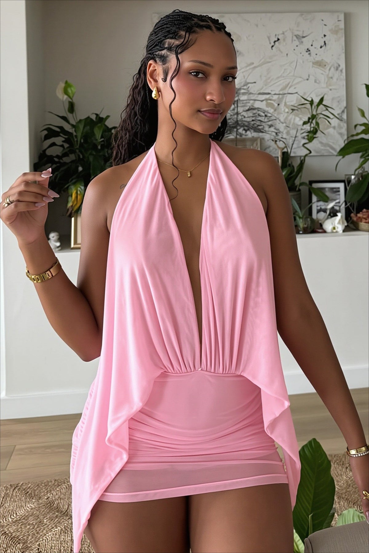 Halter Deep V-Neck Draped Ruched Bodycon Mini Dress - View 2