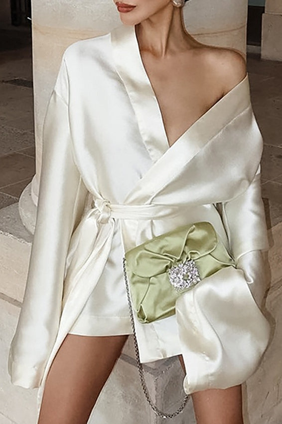 Elegant Satin Long Sleeve V Neck Tie Cocktail Dress - View 2