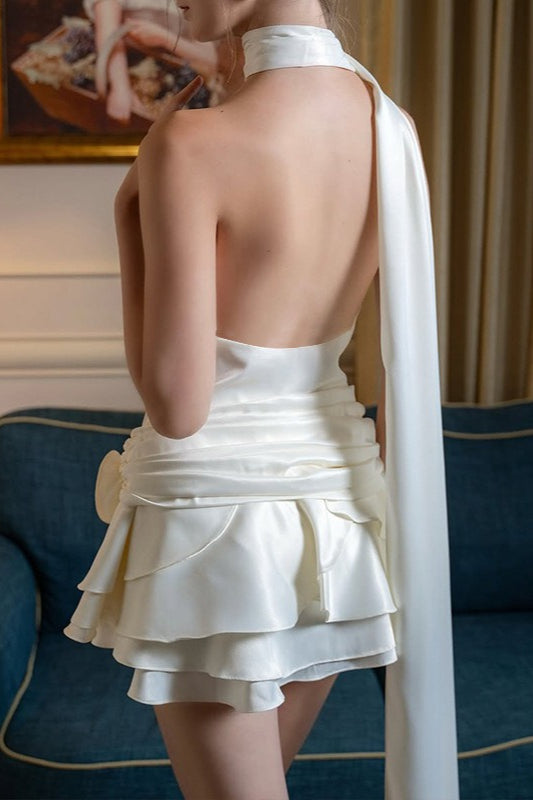 Satin One Shoulder Cowl Draped Rosette Waist Mini Cocktail Dress - View 8