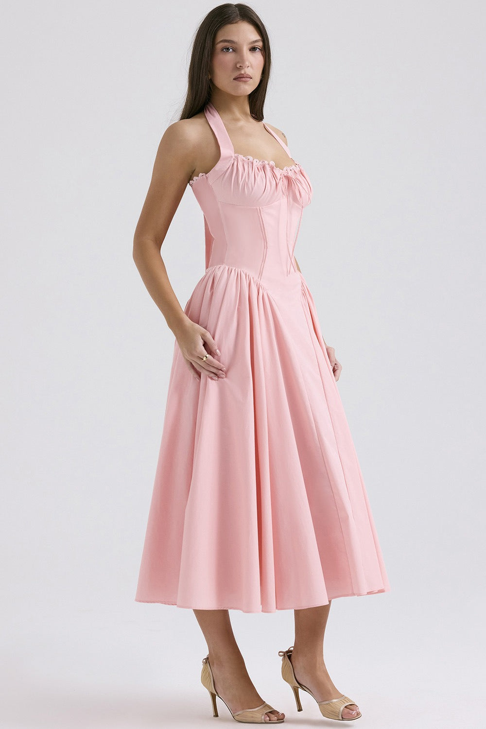 Halter Neck Ruched Corset Fit and Flare Midi Dress - View 6