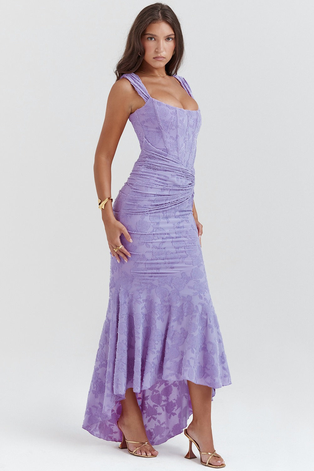 Jacquard Square Neck Corset Ruched Mermaid Gown - View 15