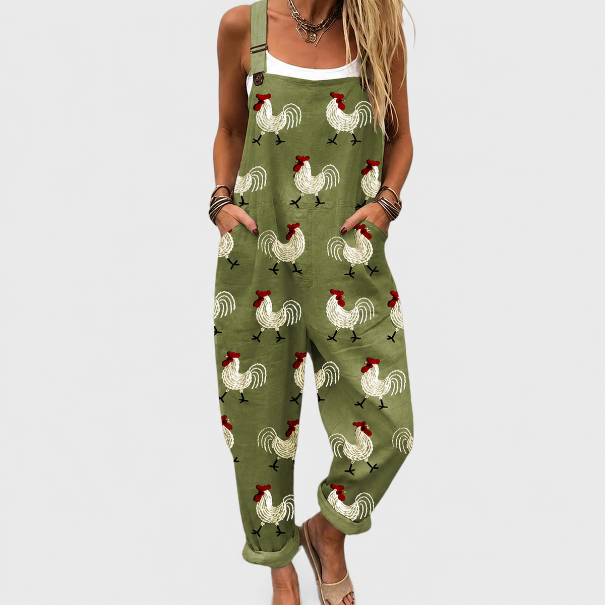 Rooster Print Adjustable Strap Pocket Overall Jumpsuit