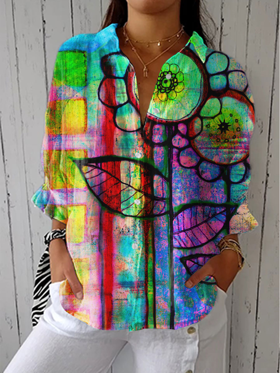 Abstract Floral Print Long Sleeve Button Front Shirt 2