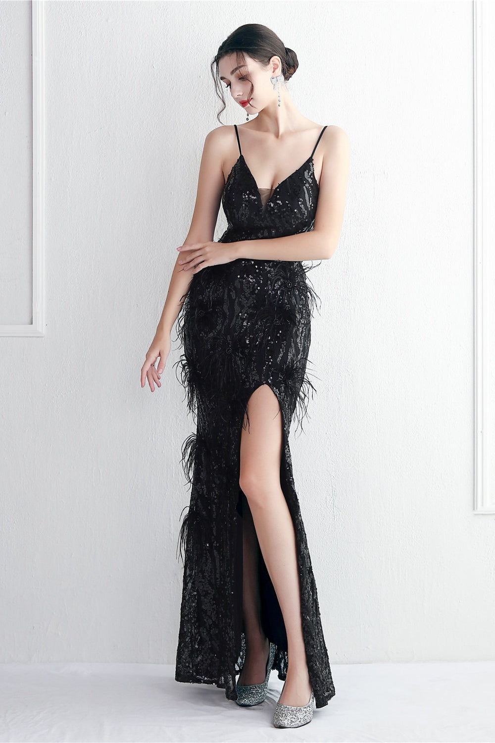 Sequin Deep V-Neck Spaghetti Strap Feather High Split Gown 31