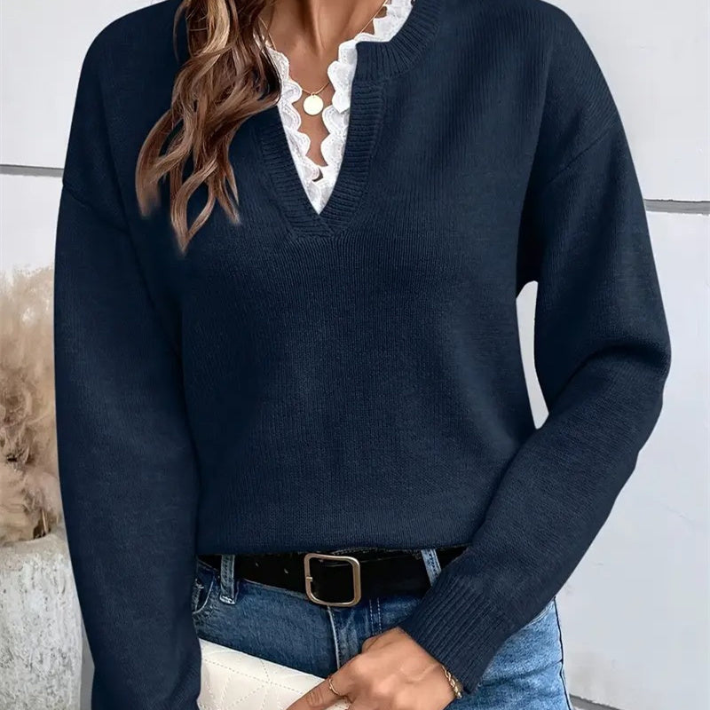 Lace Trim V-Neck Long Sleeve Knit Sweater 9