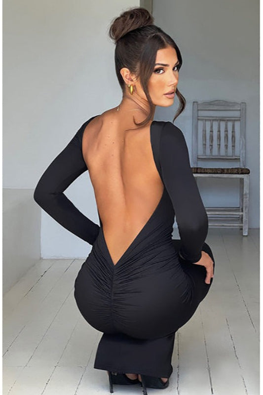 Long Sleeve Open Back Ruched Bodycon Mermaid Maxi Dress - View 8
