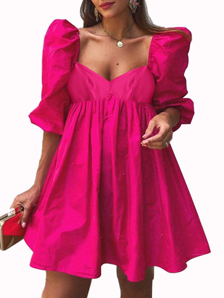 Puff Sleeve Sweetheart Square Neck Empire Waist Babydoll Mini Dress