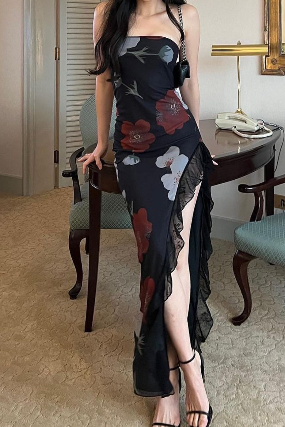 Off Shoulder Mesh Strapless Slit Slim Floral Dress - View 4