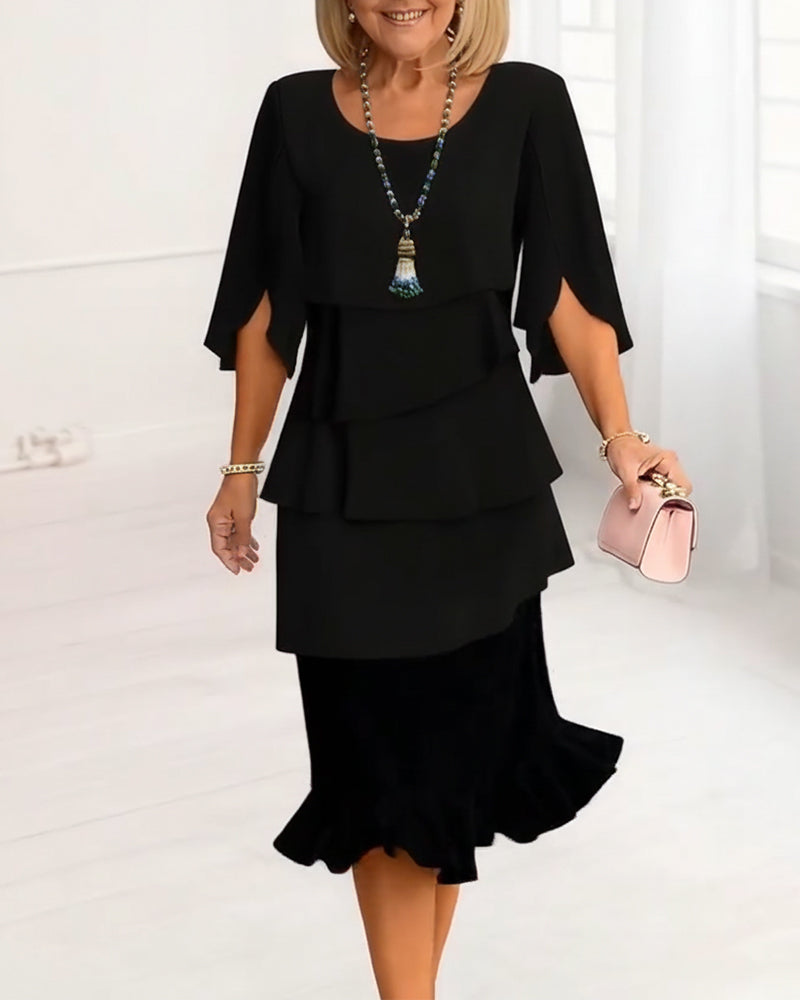 Round Neck Half Sleeve Tiered Ruffle Midi Dress 7
