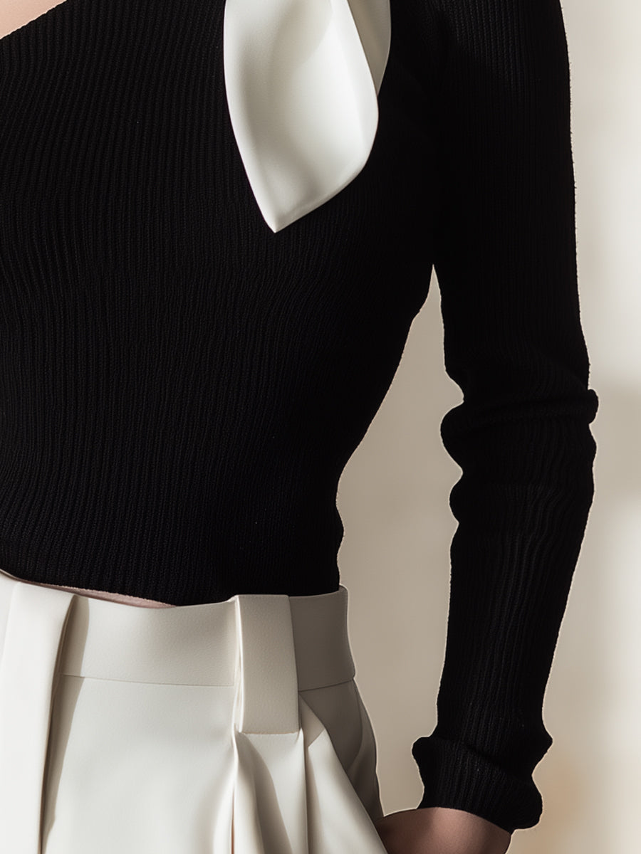 One Shoulder Cut Out Choker Neck Bow Long Sleeve Knit Top 3