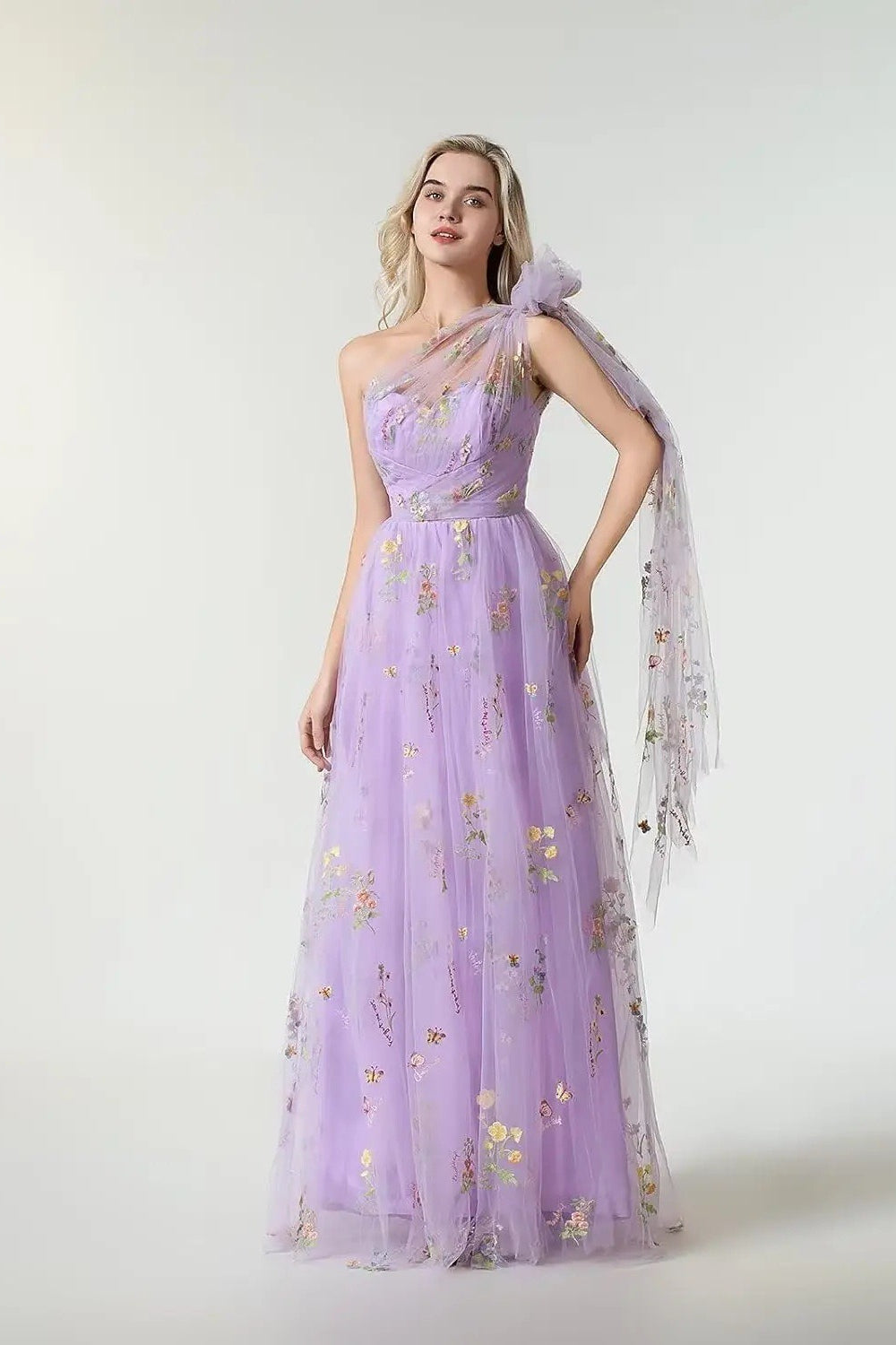 Floral Embroidered One Shoulder Tulle A-Line Prom Gown