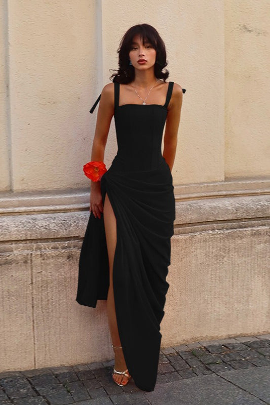 Square Neck Corset Ruched Wrap Skirt Maxi Dress 4
