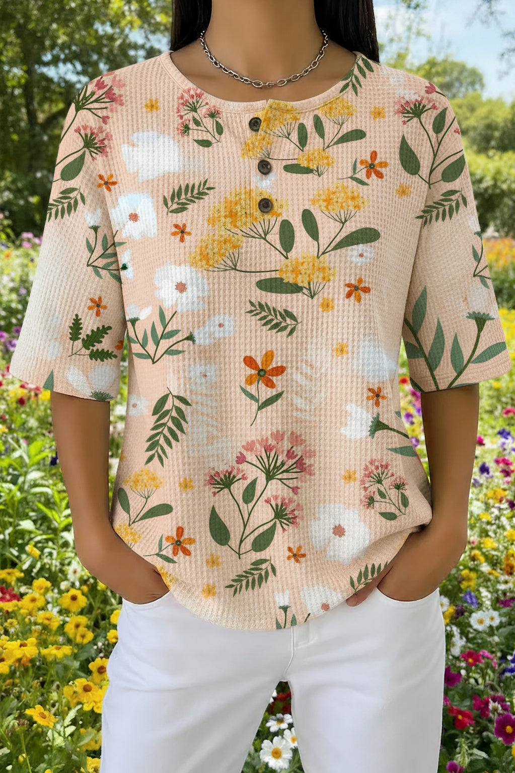 Waffle Knit Wildflower Floral Henley Short Sleeve Top