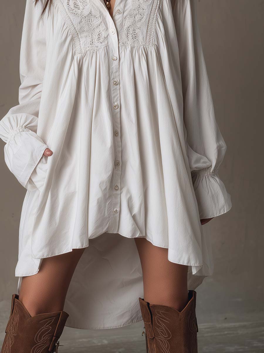 Lace Trim Long Sleeve High Low Shirt Dress 6