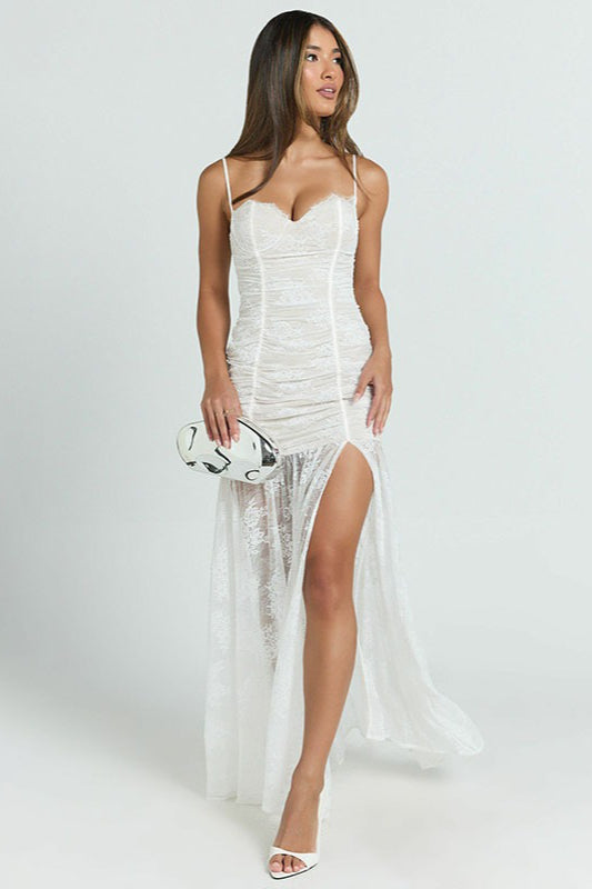 Sheer Ruched Split Cami Maxi Lace Dress - View 9
