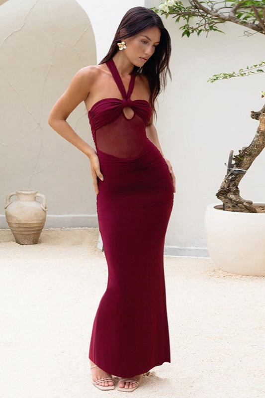 Halter Neck Twist Front Cut Out Sheer Mesh Mermaid Maxi Dress - View 2
