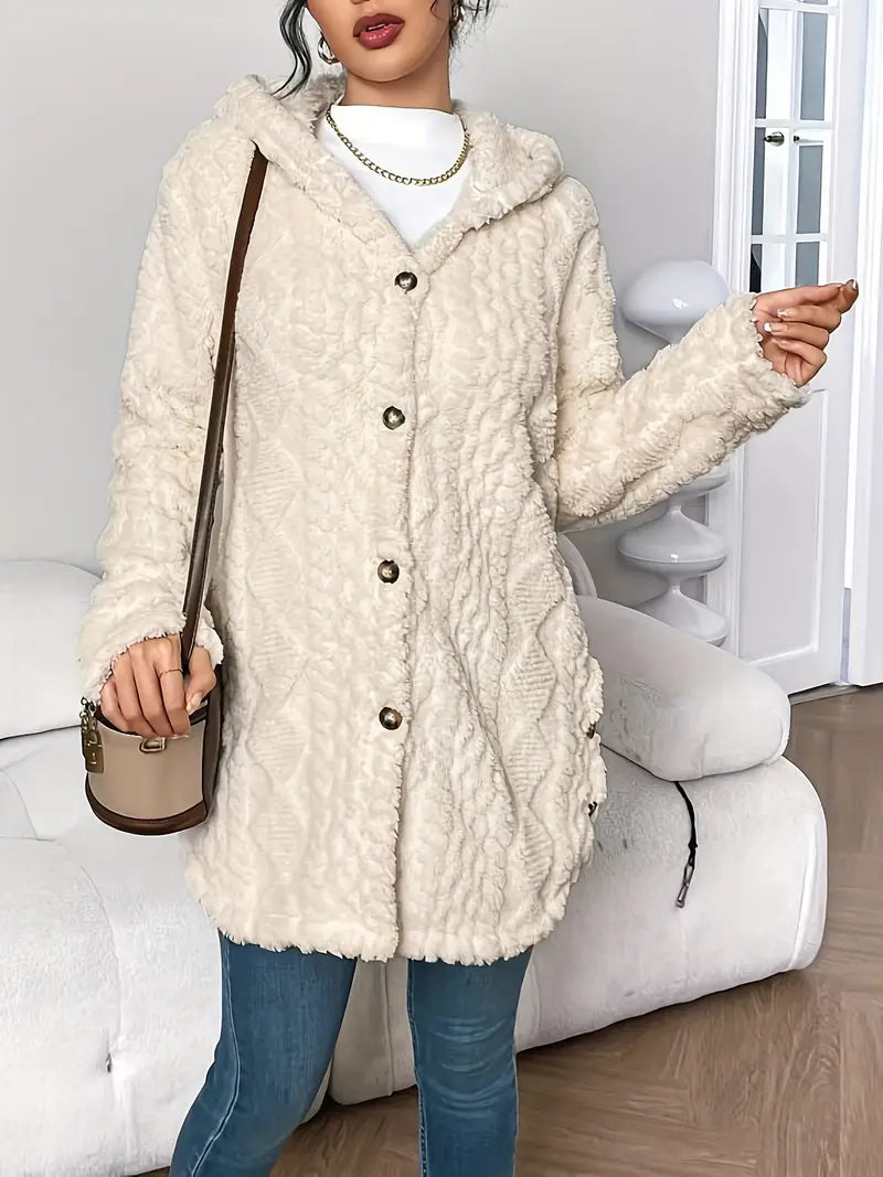 Textured Fleece Hooded Button Front Cardigan Coat 4