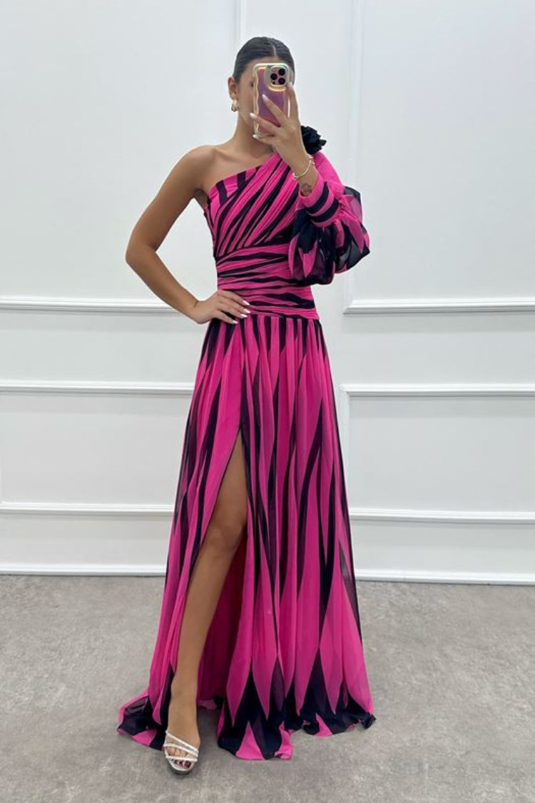 One Shoulder Puff Sleeve Ruched Waist Pleated High Split Maxi Gown - View 5