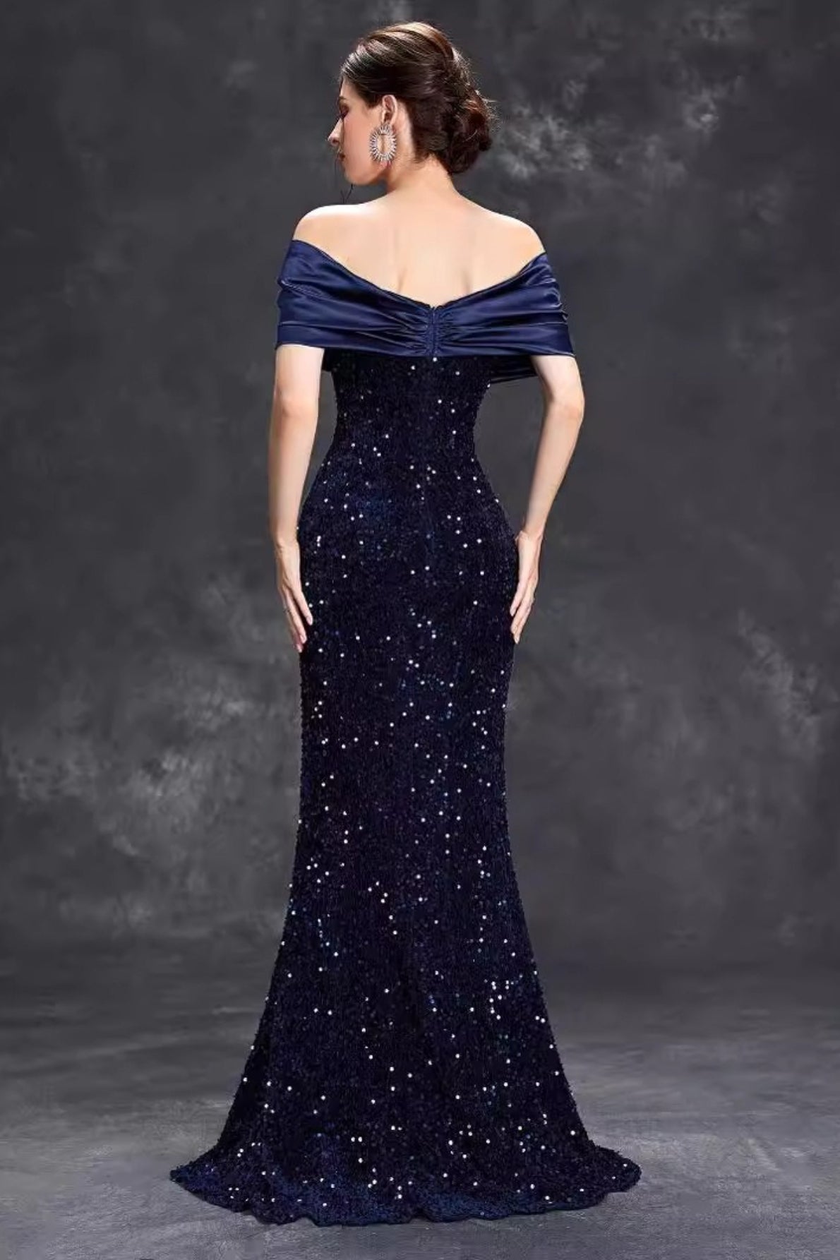 Off Shoulder Satin Wrap Sequin Mermaid Evening Gown 3