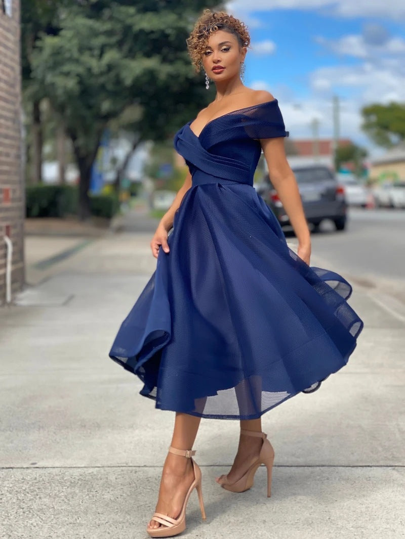 Off Shoulder Organza Fit and Flare Tea Length Party Dress - View 2