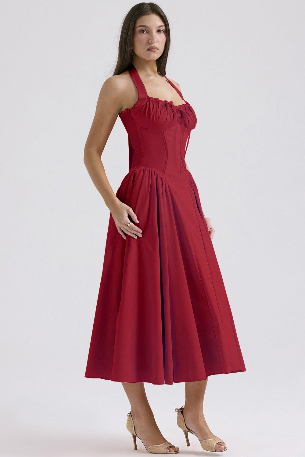 Halter Neck Ruched Corset Fit and Flare Midi Dress - View 13