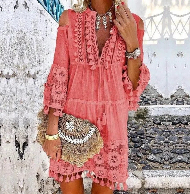 Deep V-Neck Tassel Trim Lace Insert Bell Sleeve Tiered Dress - View 10