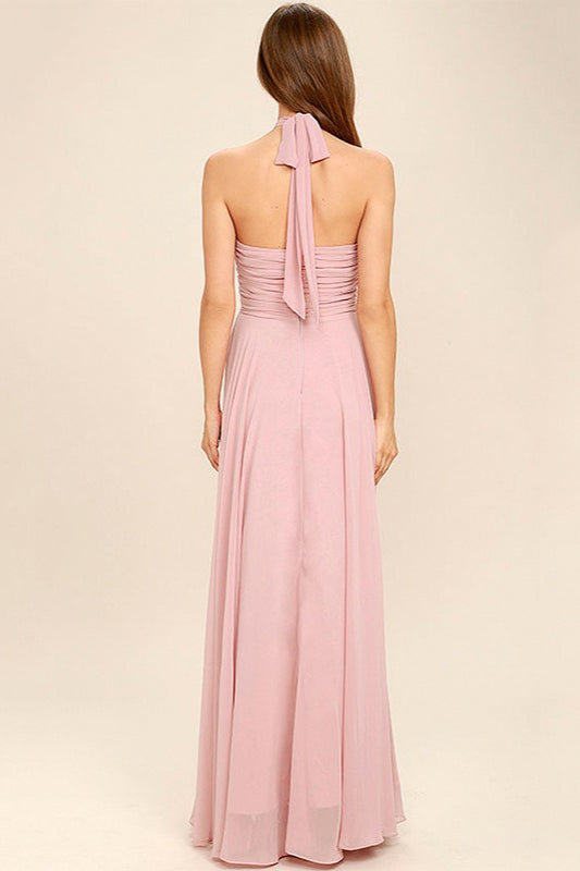 Halter Neck Ruched Chiffon Maxi Gown - View 4
