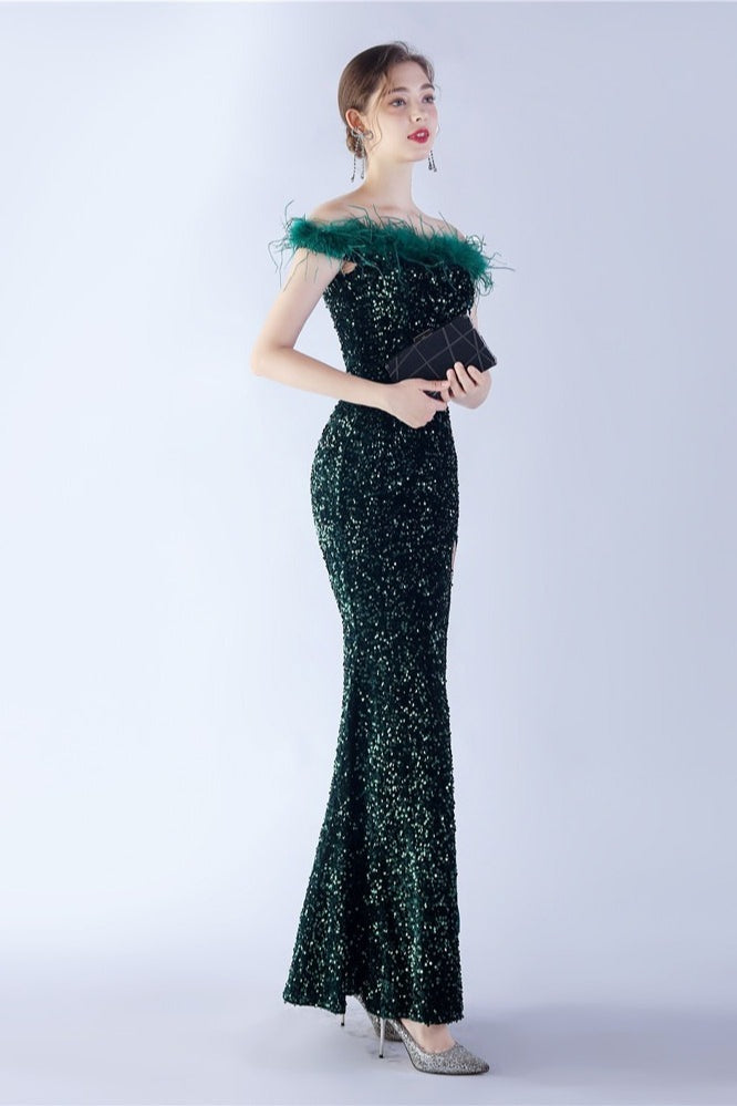 Sequin Off Shoulder Feather Trim High Split Mermaid Gown - View 18